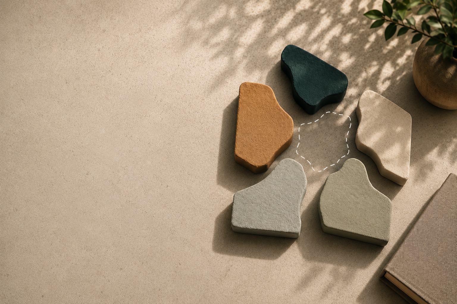 Organic stone pieces with one missing, outlined in a dotted line.